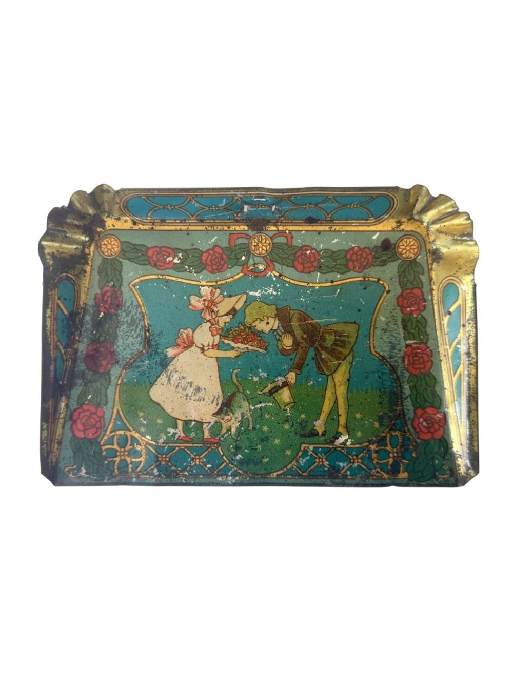 Vintage  tin Butler dustpan Floral Boy Girl Dog Chippy Painted Metal Valet